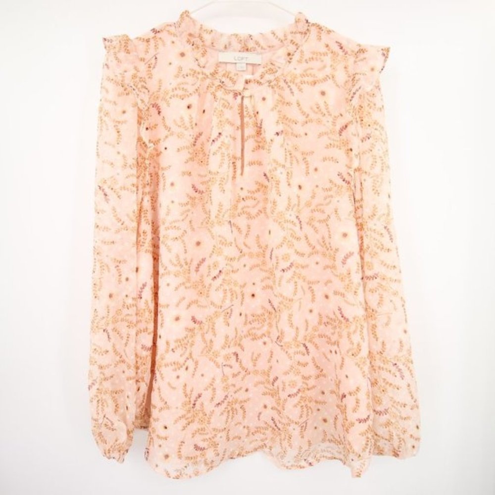 Loft Light Pink Floral Pattern Long Sleeve Blouse Feminine Ruffle Sheer Peach L